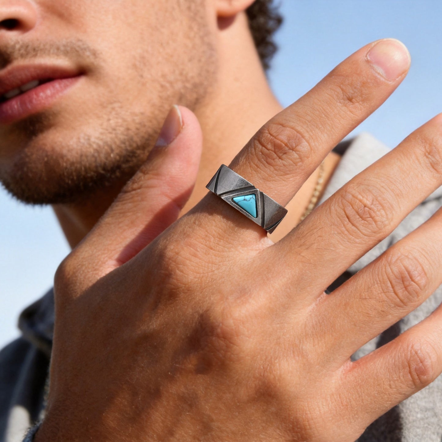 Kemstone Stainless Steel Triangle Turquoise Ring for Men Vintage Gray RC-111