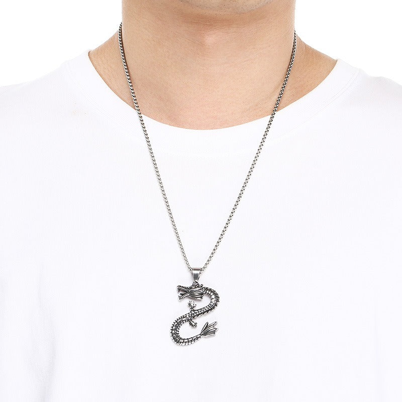 Kemstone Dragon Pendant Necklace for Men Titanium Steel Vintage Oxidized Silver Animal Chain KP117731-LU