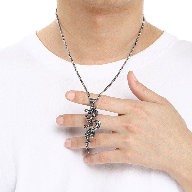 Kemstone Dragon Pendant Necklace for Men Titanium Steel Vintage Oxidized Silver Animal Chain KP117731-LU