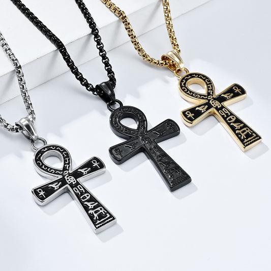 Kemstone Stainless Steel Ankh Cross Pendant Necklace for Men K-PT445