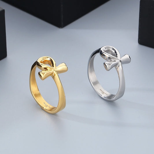 Kemstone Titanium Steel Ankh Cross Ring – Vintage Egyptian Symbol for Men KR110679-KJX