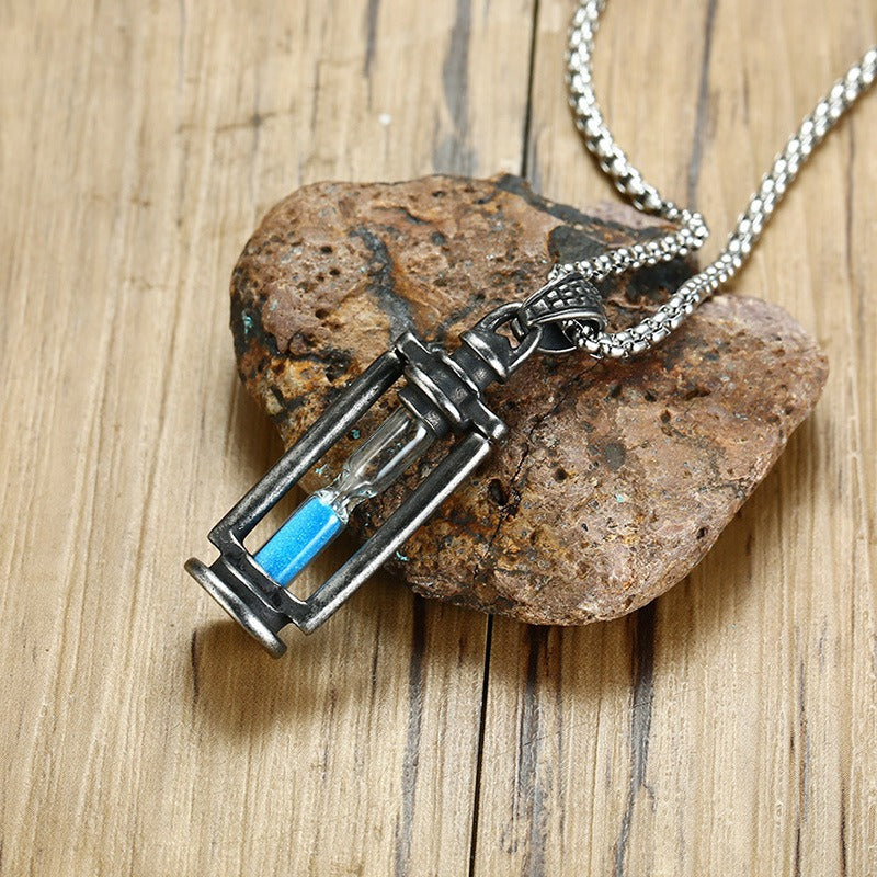 Kemstone Stainless Steel Hourglass Pendant Necklace for Men Vintage Silver PN1097