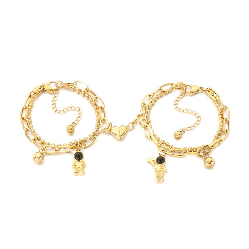 Kemstone Astronaut Magnetic Heart Couple Bracelet Titanium Steel Layered Chain for Men & Women KB208413-Z