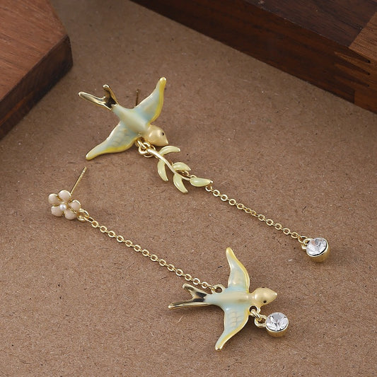 Kemstone Asymmetrical Swallow Drop Earrings for Women Floral Tassel D84993