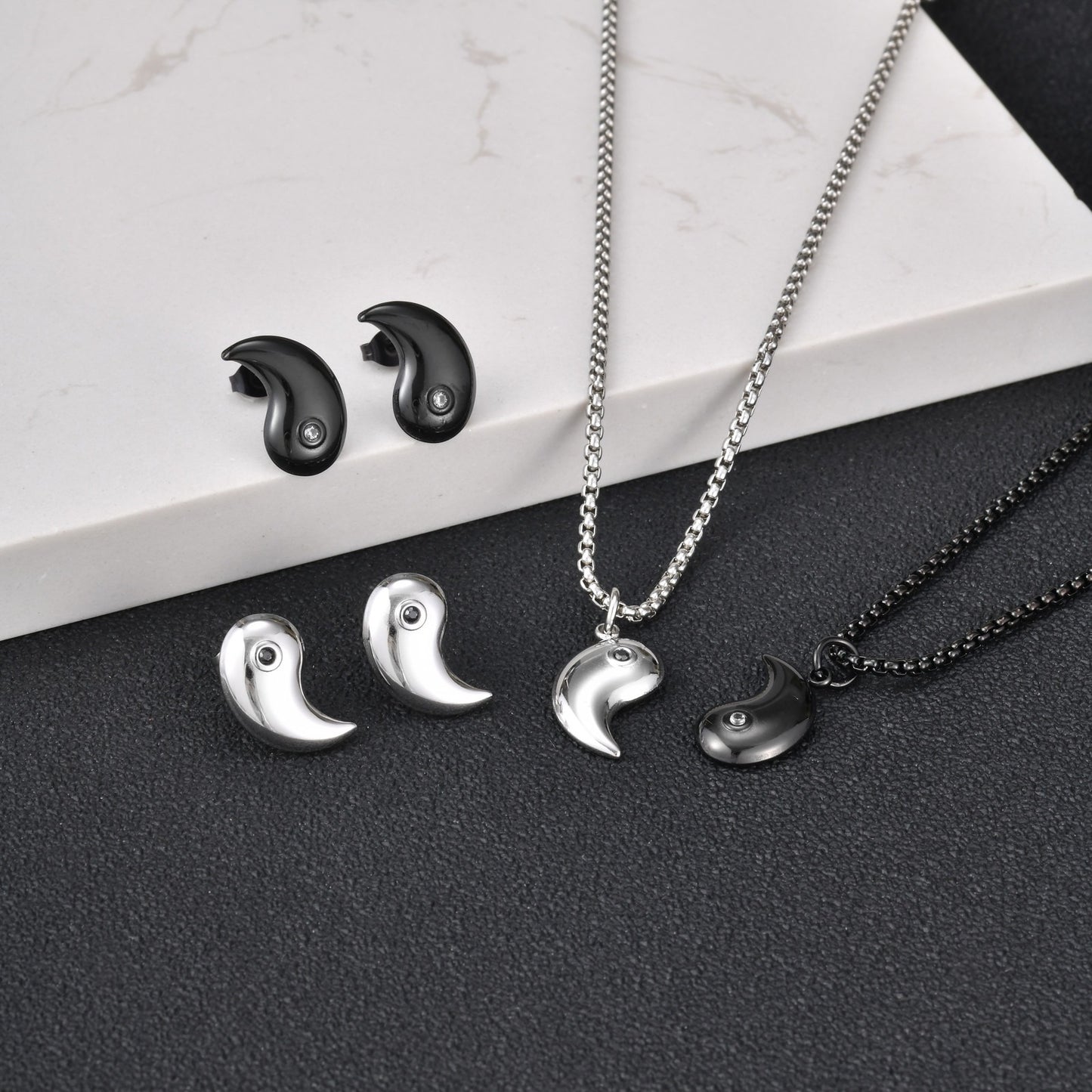 Kemstone Stainless Steel Bagua Yin Yang Cubic Zirconia Pendant Necklace for Men Women Black Silver Geometry CN-154