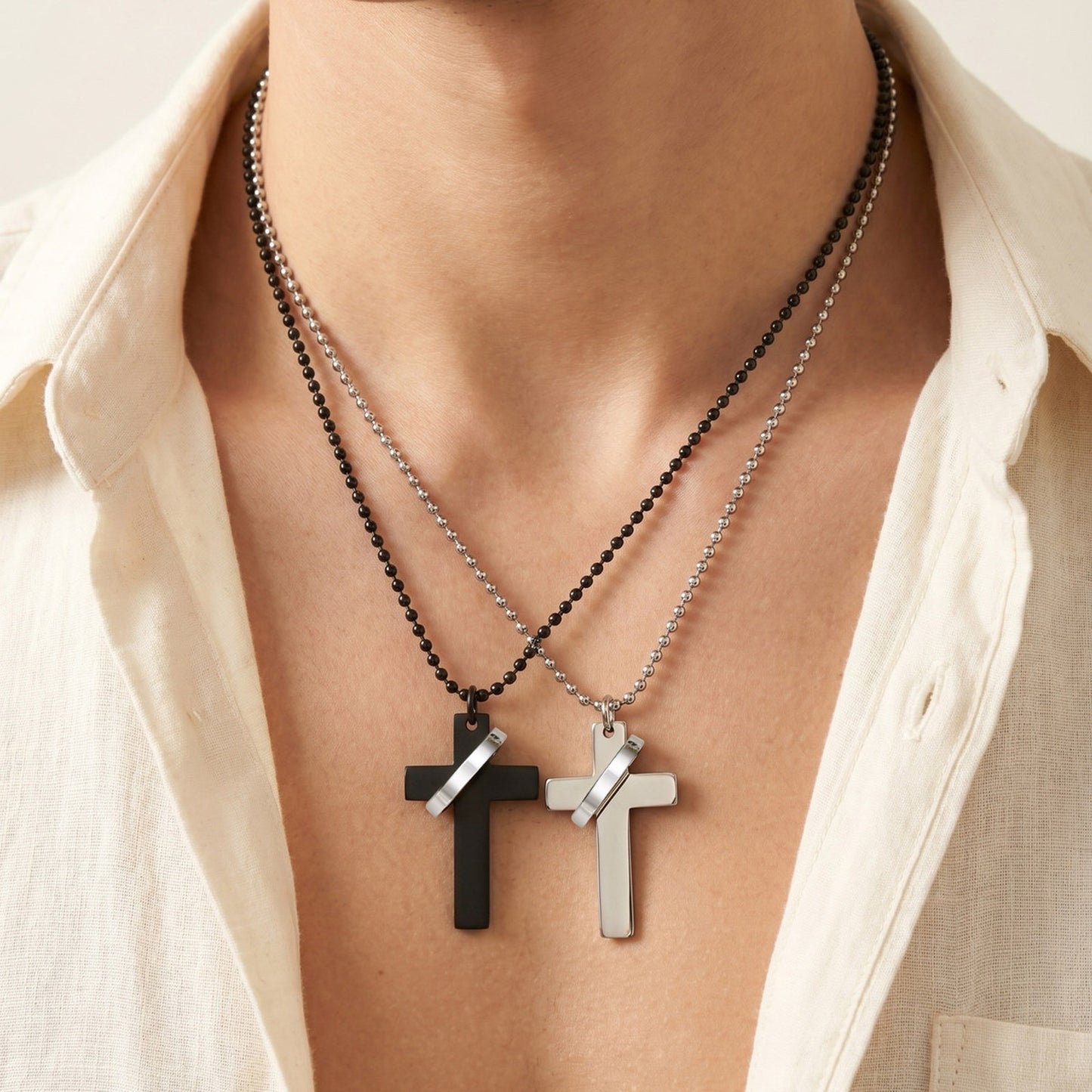 Kemstone Stainless Steel Cross Ring Pendant Necklace for Men Silver Black NC-3002