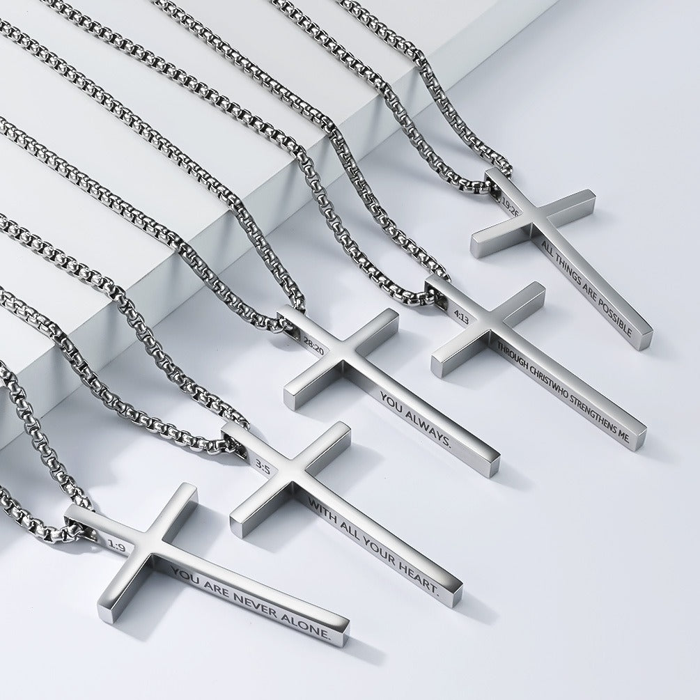Kemstone Stainless Steel Engraved Cross Pendant Necklace for Men Minimalist Bar Chain K-PT670