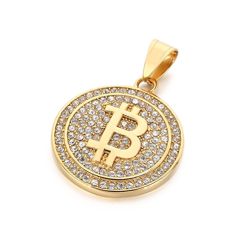 Kemstone Basketball Hoop Coin Pendant Necklace for Men – Rhinestone Titanium Steel Hip Hop Style KP117911-MZOZ