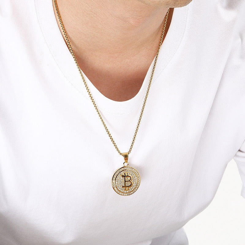 Kemstone Basketball Hoop Coin Pendant Necklace for Men – Rhinestone Titanium Steel Hip Hop Style KP117911-MZOZ