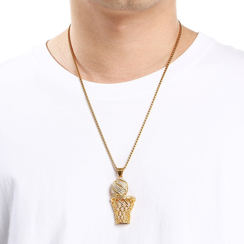 Kemstone Basketball Hoop Coin Pendant Necklace for Men – Rhinestone Titanium Steel Hip Hop Style KP117911-MZOZ