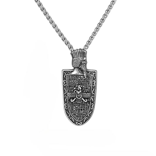 Kemstone Stainless Steel Shield Pendant Necklace for Men – Gun Black, Vintage Armor PN-2261