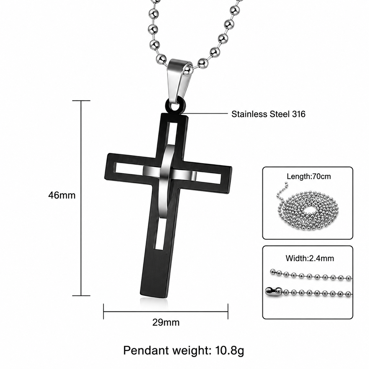 Kemstone Black Open Cross Pendant Necklace for Men Stainless Steel Geometric Design TN0125