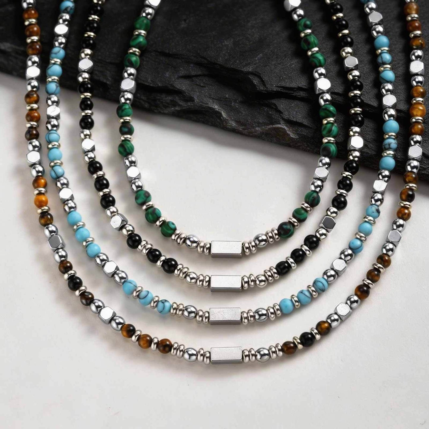 Kemstone Beaded Necklace Stainless Steel Bar Mixed Stone Malachite Turquoise for Men NC-2811