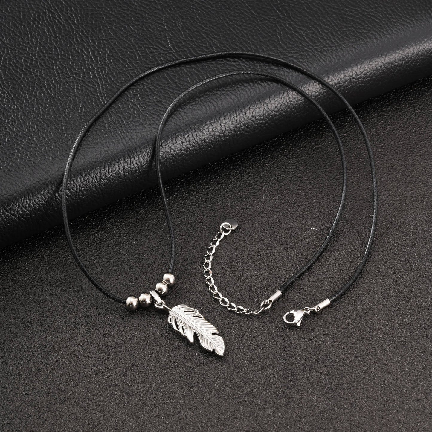 Kemstone Stainless Steel Leaf Pendant Necklace for Men Black Cord Beaded Chain NC-2753