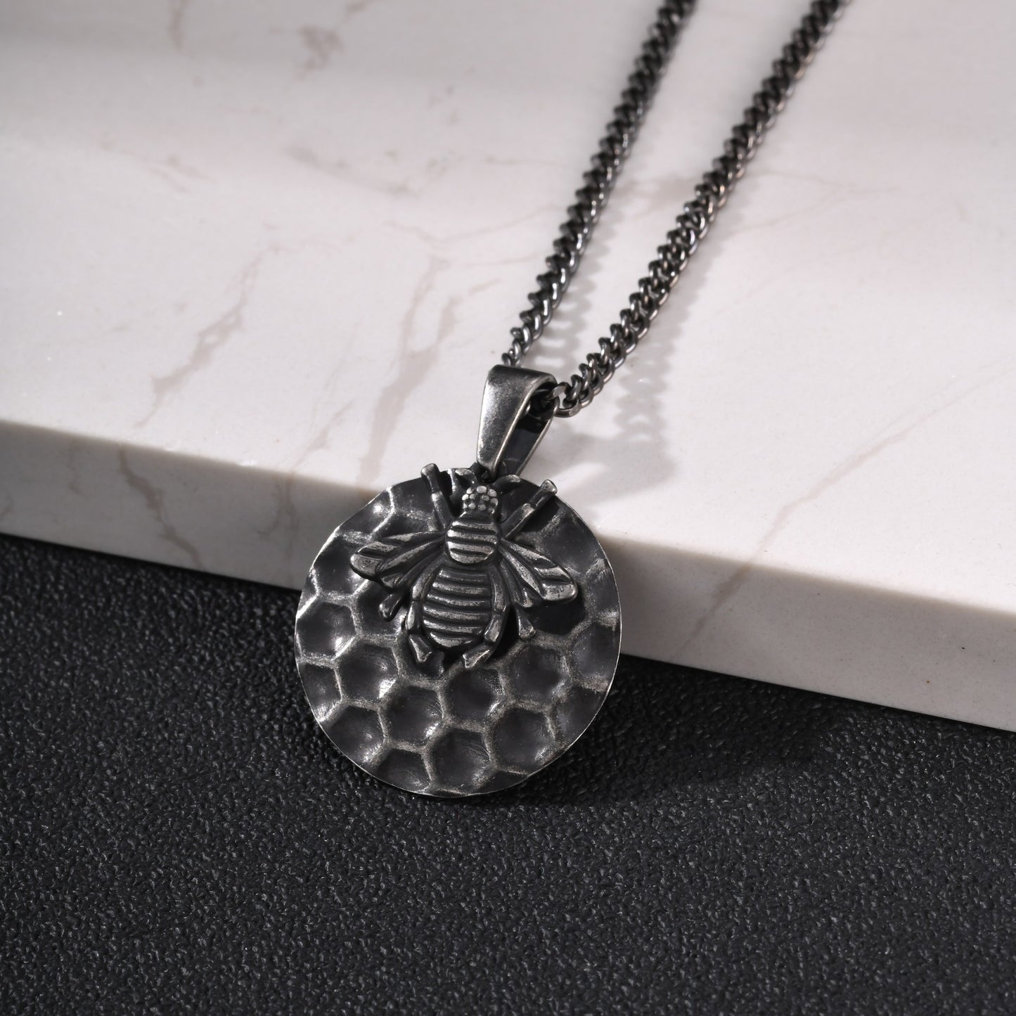 Kemston Bee Honeycomb Pendant Necklace for Men Stainless Steel Vintage Design PN-2377