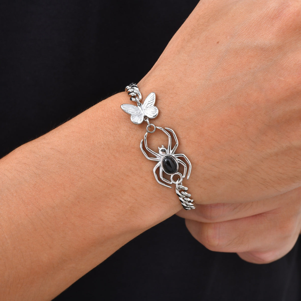 Kemstone Black Agate Spider Bracelet for Men Stainless Steel BR-3265