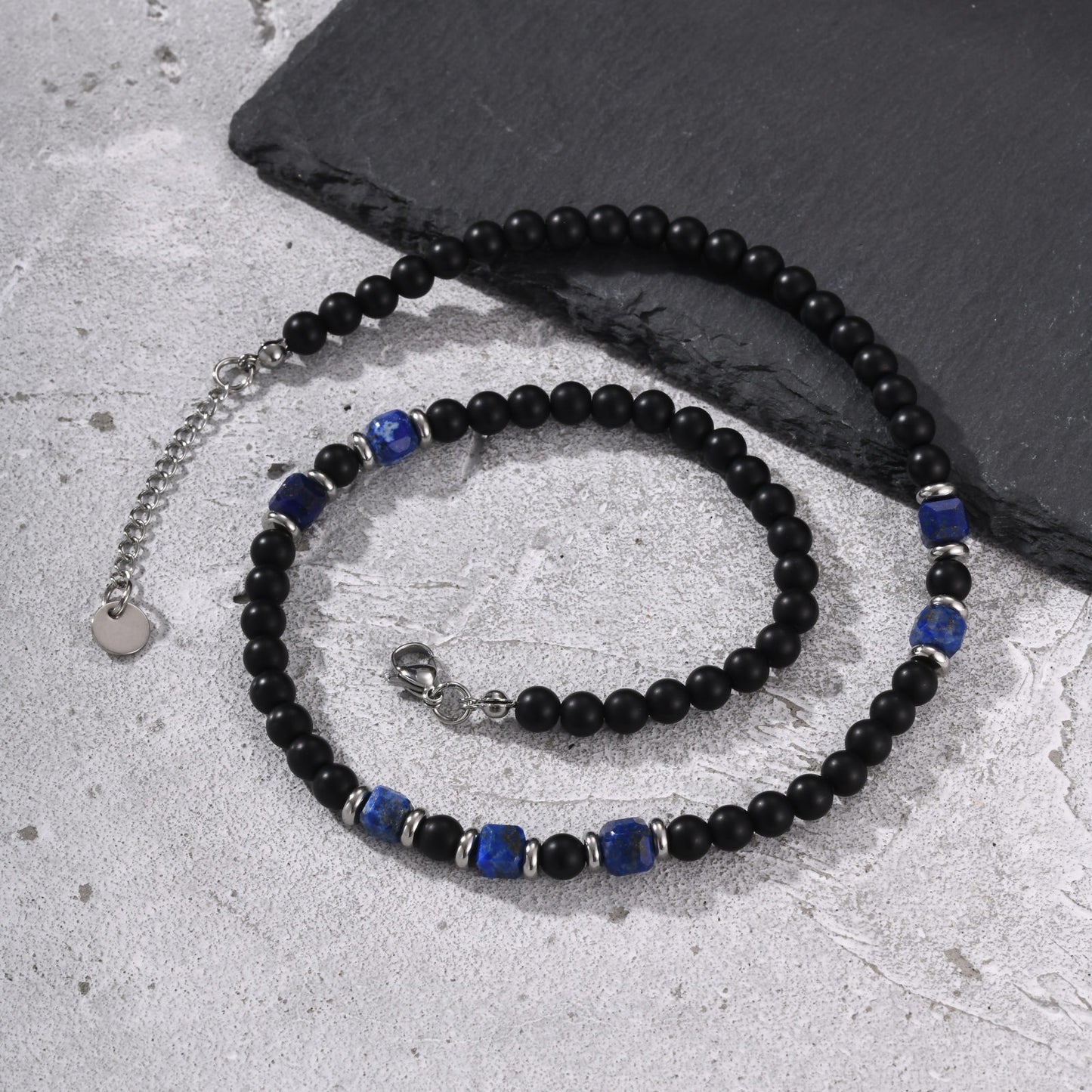 Kemston Black Agate Lapis Lazuli Beaded Necklace for Men Stainless Steel Vintage Style NC-3020