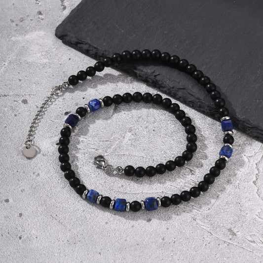 Kemstone Black Agate Beaded Necklace for Men Stainless Steel Lapis Lazuli Accent NC-3020