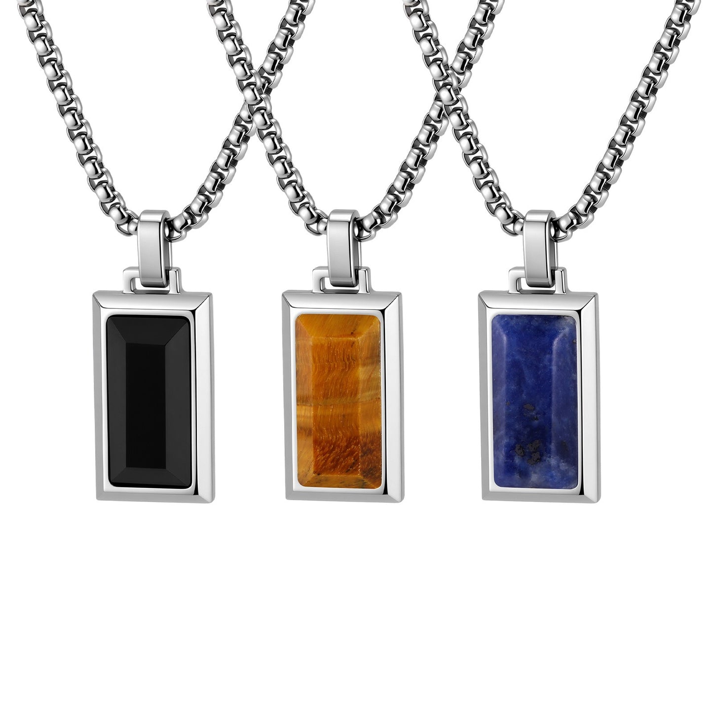Kemston Rectangular Black Agate Pendant Necklace for Men Stainless Steel Vintage PN2379