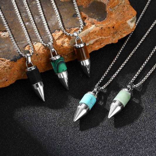 Kemstone Stainless Steel Cylinder Pendant Necklace – Stone Inlay Style for Men PN-2228