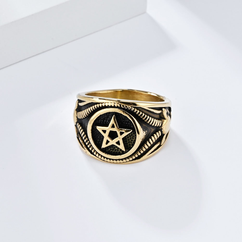 Kemstone Men’s Stainless Steel Gothic Pentagram Ring – Bold Dark Style K-R844
