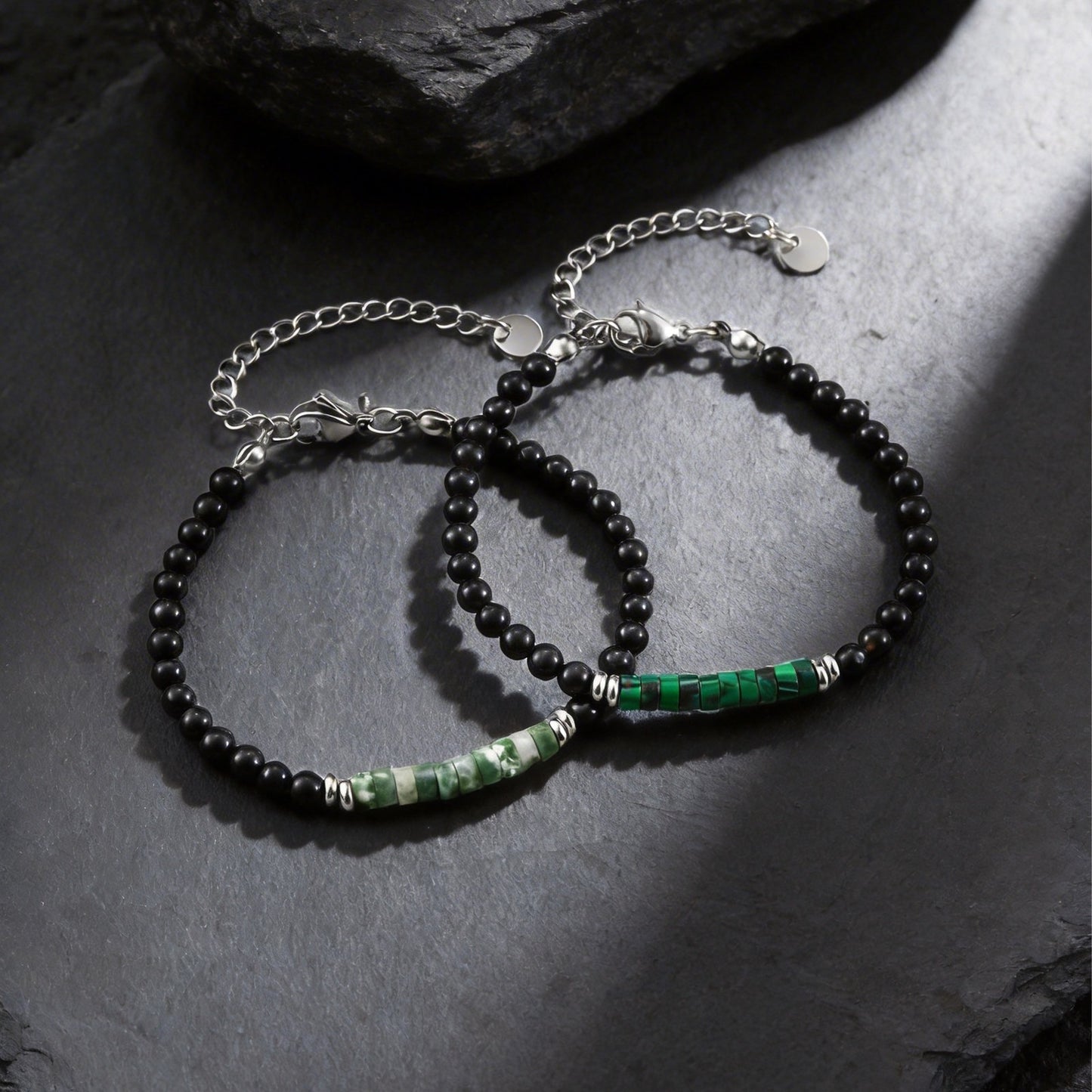 Kemstone Stone Beaded Bracelet Green Bead Adjustable Chain for Men Women BR-2925