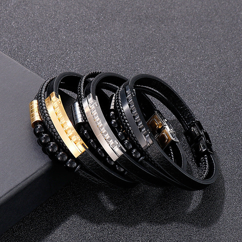 Kemstone Multi-Layer Braided Leather Bracelet for Men Beaded Titanium Steel KB147788-KLHQ