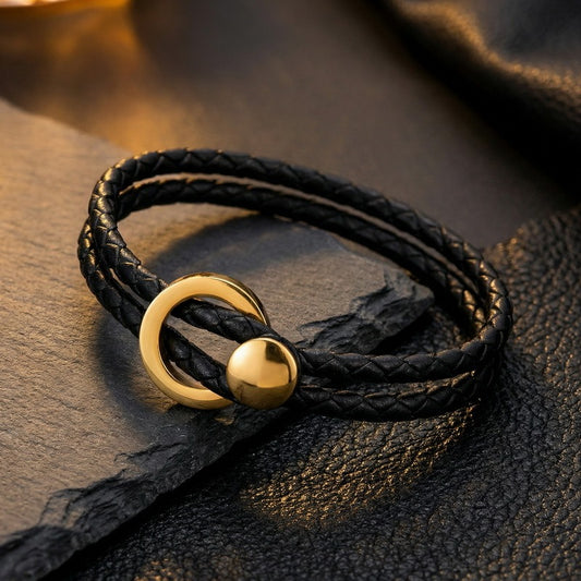 Kemstone Double Wrap Leather Bracelet for Men Titanium Steel Circle Clasp KB213788-GC