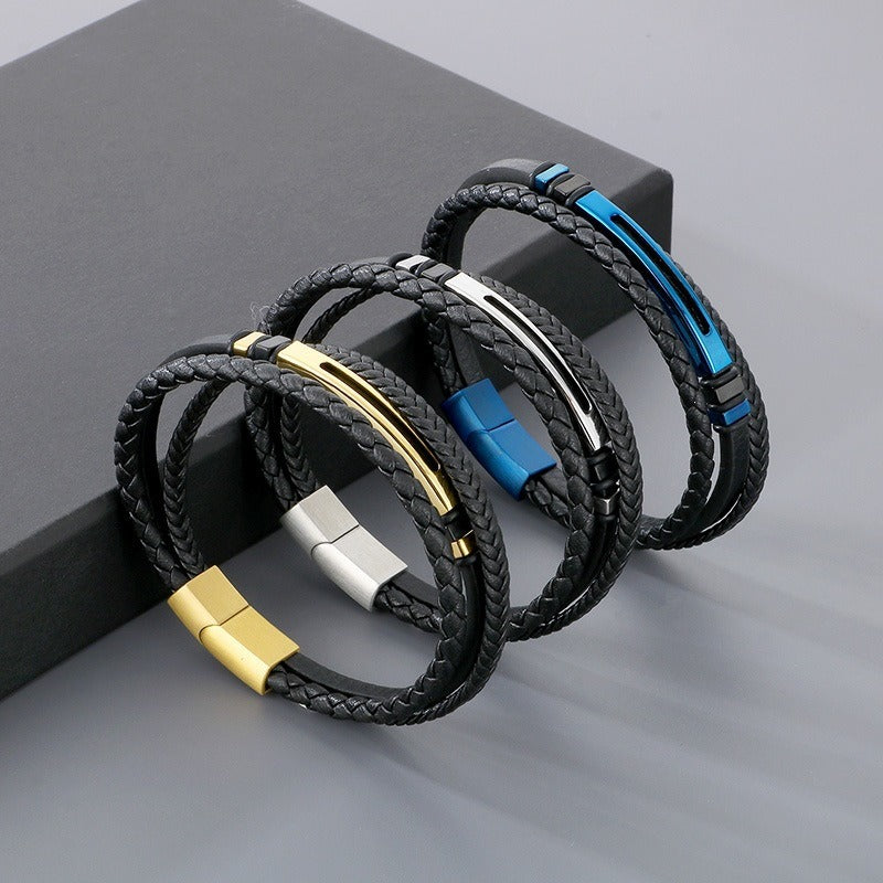 Kemstone Layered Braided Black Leather Bracelet for Men Titanium Steel Accent KB180741-JR