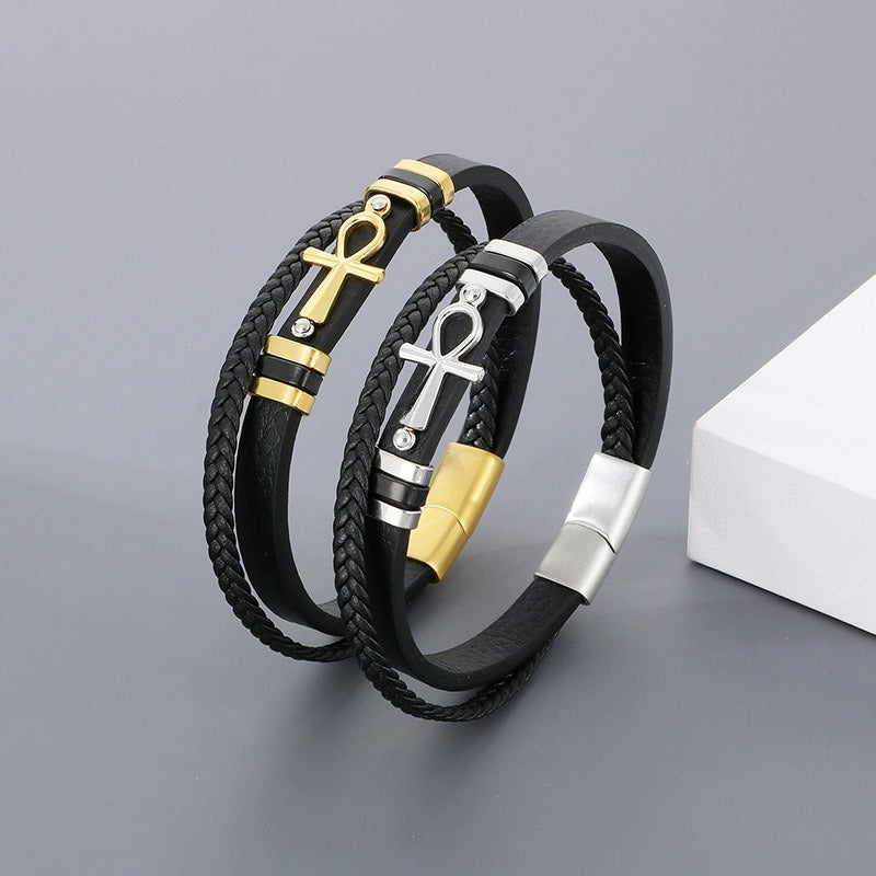 Kemstone Layered Leather Bracelet for Men Stainless Steel Cross Detail KB180738-JR