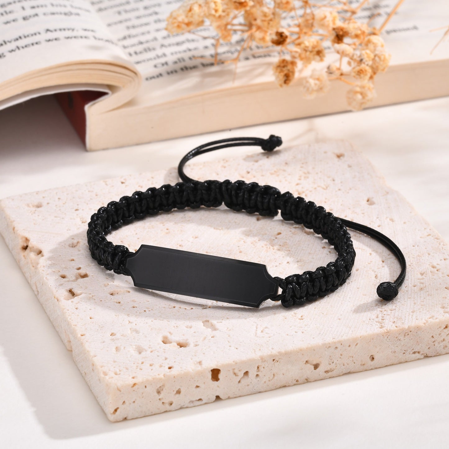 Kemstone Black Braided Stainless Steel Bracelet – Men’s Adjustable ID Plate Minimalist Band BR-2057