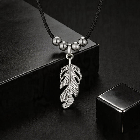 Kemstone Stainless Steel Leaf Pendant Necklace for Men Black Cord Beaded Chain NC-2753