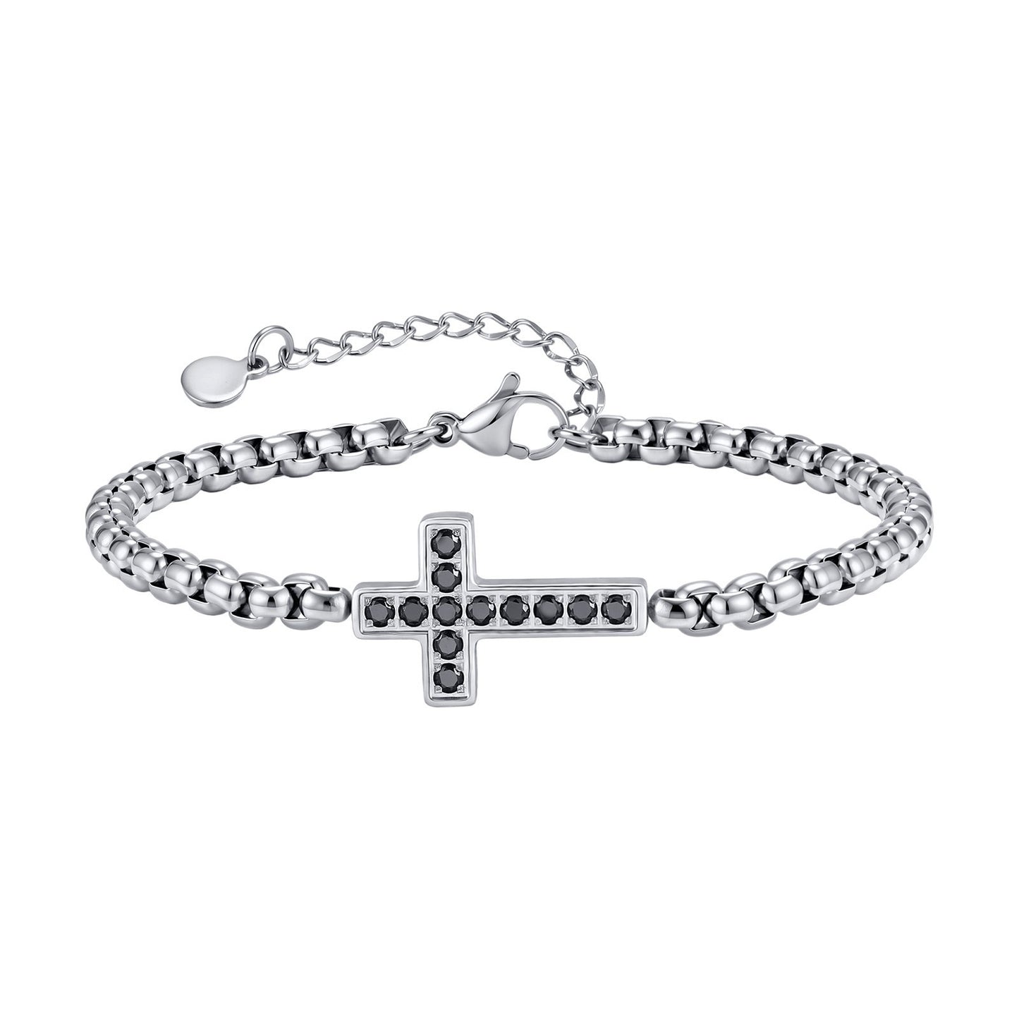 Kemstone Stainless Steel Cross Bracelet for Men Black Cubic Zirconia Box Chain BR-2766