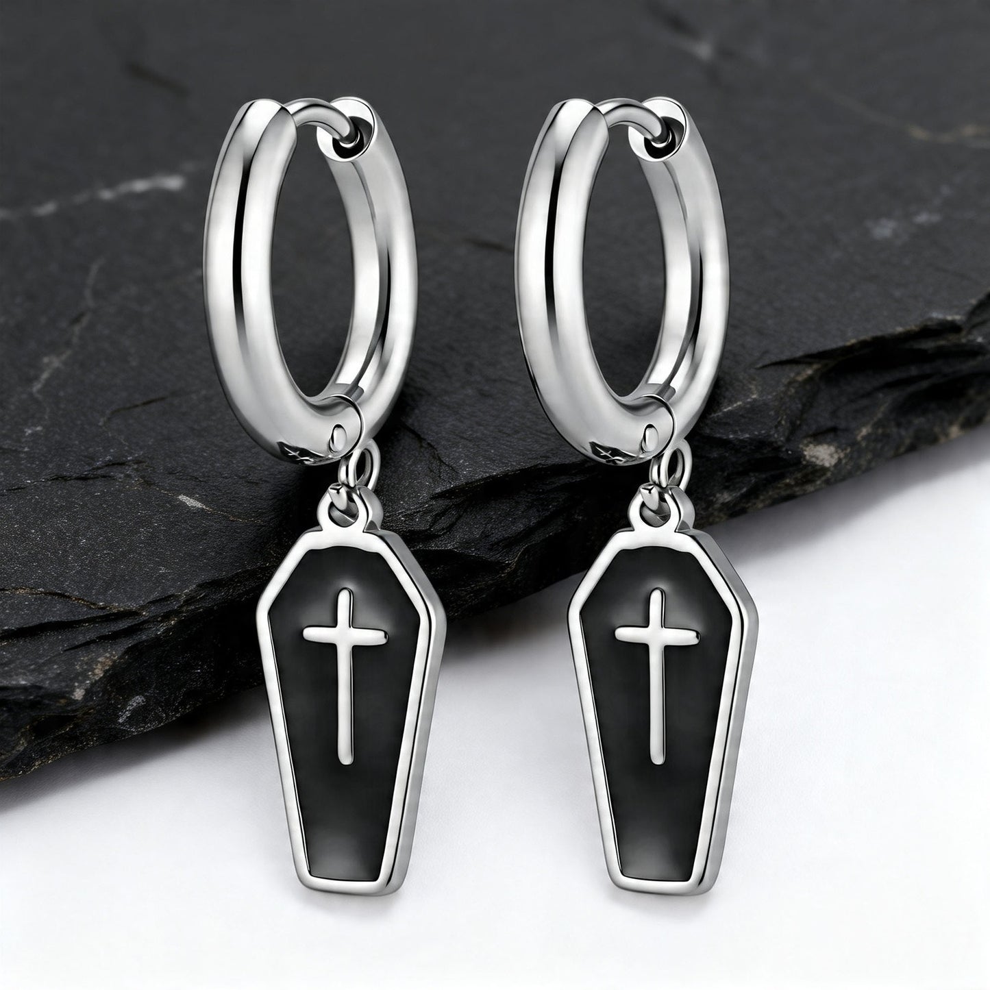 Kemstone Stainless Steel Cross Hoop Earring for Men Dark Drop ED-1090