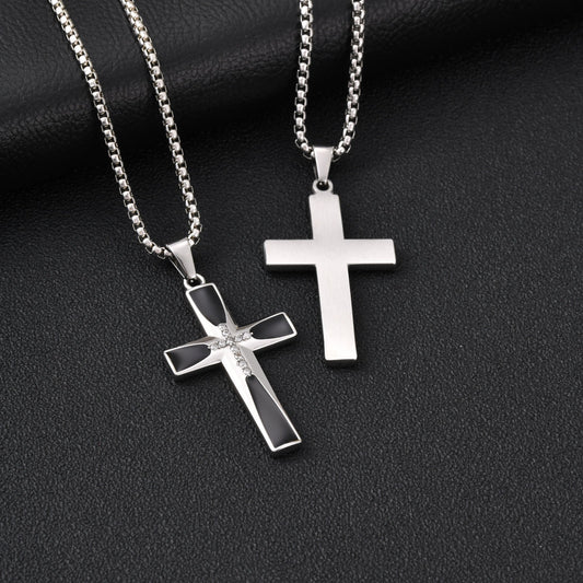 Kemstone Stainless Steel Black Cross Pendant Necklace with Cubic Zirconia for Men PN-2321