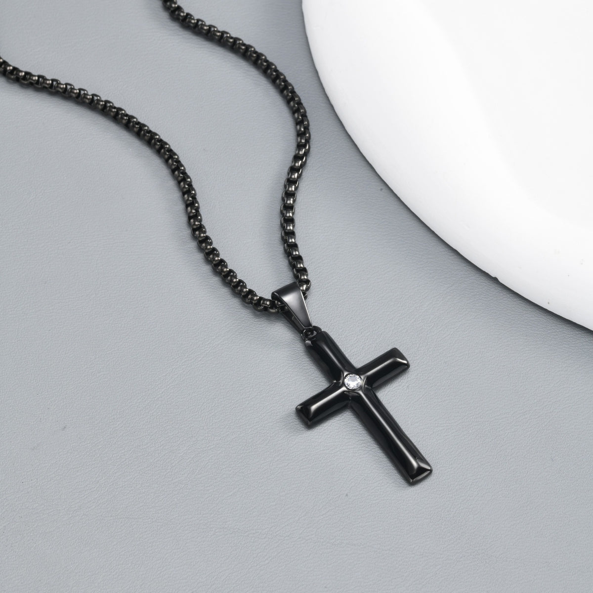 Kemstone Black Cross Pendant Necklace for Men Stainless Steel Cubic Zirconia Center PN-2440