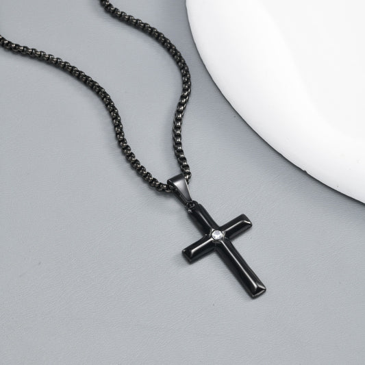 Kemstone Black Cross Pendant Necklace for Men Stainless Steel Cubic Zirconia Center PN-2440