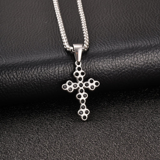 Kemstone Stainless Steel Black Cubic Zirconia Cross Pendant Necklace for Men Women PN-2320