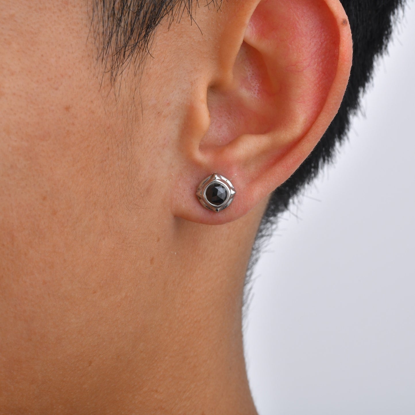 Kemston Stainless Steel Black Cubic Zirconia Stud Earrings for Men Geometric Detail ES-836