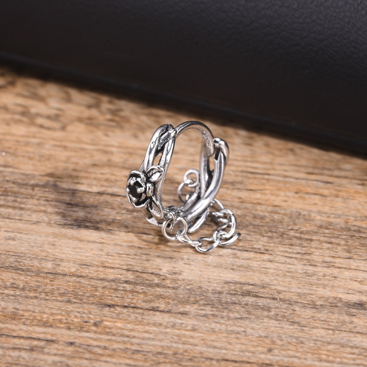 Kemstone Stainless Steel Rose Chain Hoop Earring – Black Cubic Zirconia Detail for Men EH-686