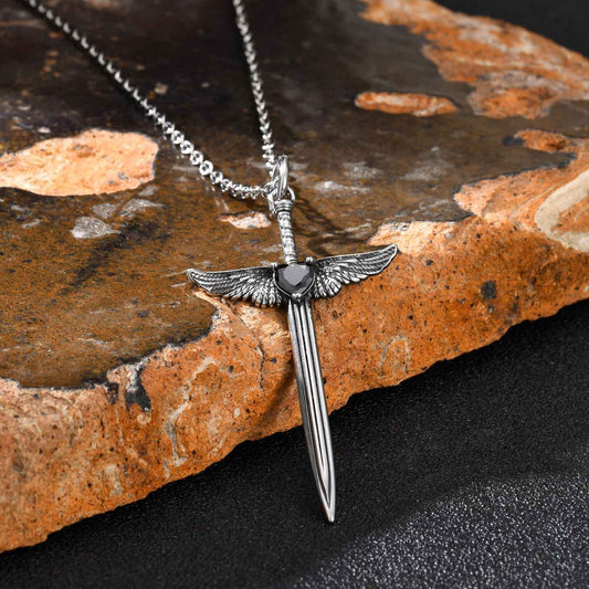Kemstone Stainless Steel Winged Sword Pendant Necklace with Black Cubic Zirconia for Men PN-2245