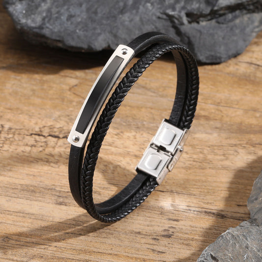 Kemstone Curved Plate Double-Layer Black PU Leather Bracelet for Men BL-782S