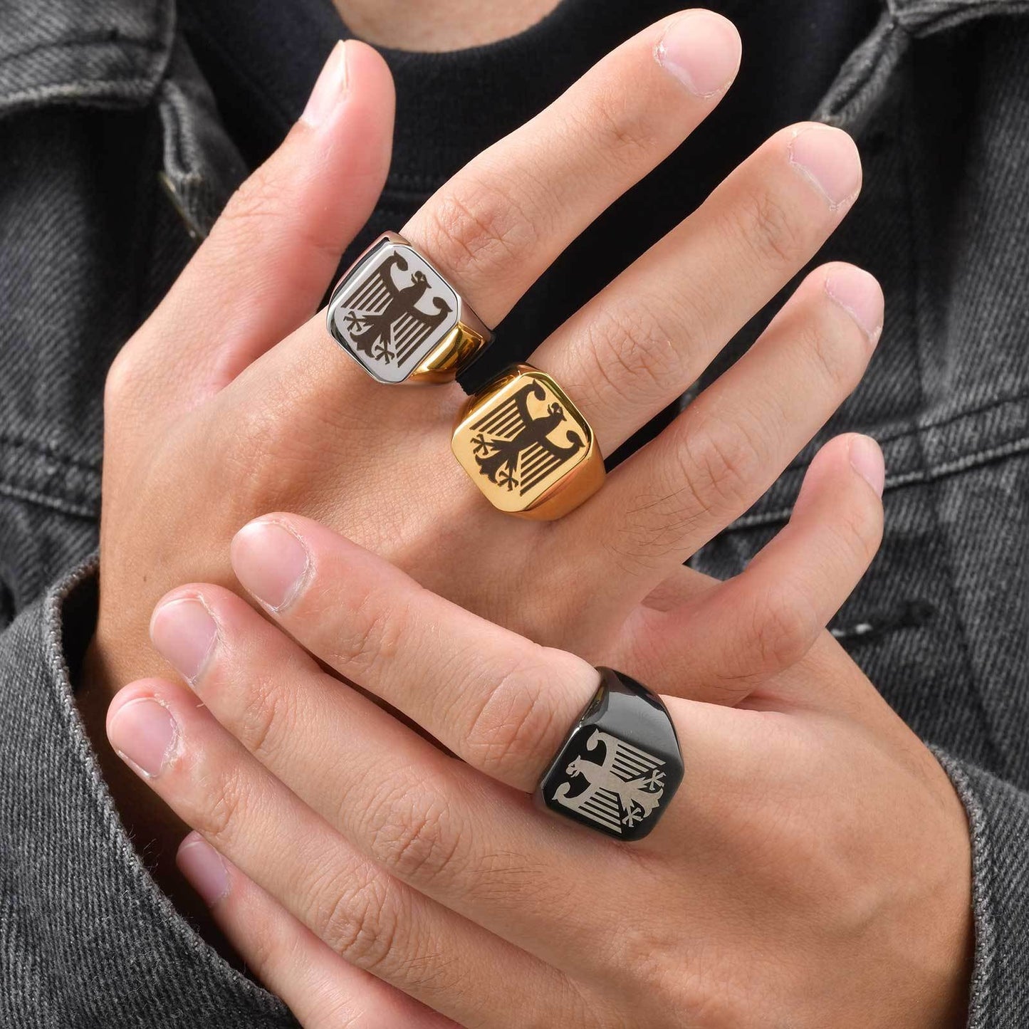 Kemstone Stainless Steel Eagle Signet Ring – Laser Engraved Rune Design for Men RC-294