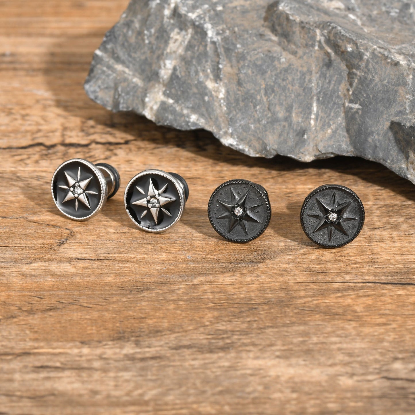 Kemstone Men’s Stainless Steel Eight-Point Star Stud Earrings – Black Vintage ES-555