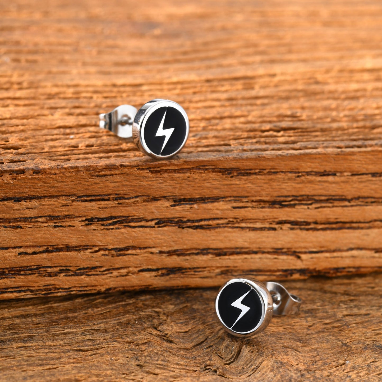 Kemstone Lightning Stud Earrings for Men Stainless Steel Black Enamel Round Stud 2PCS ES-751S