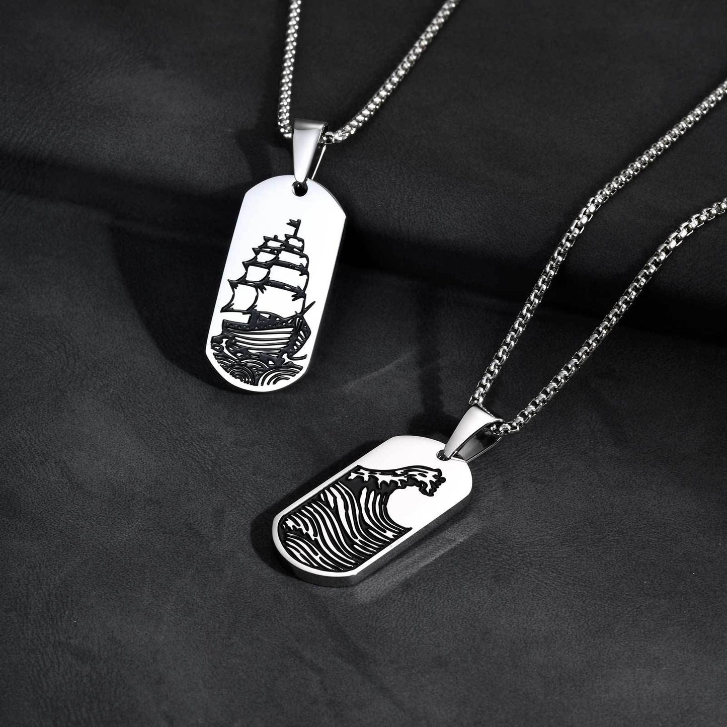 Stainless Steel Wave Tag Necklace – Black Etched Sailboat Pendant for Men PN-2168