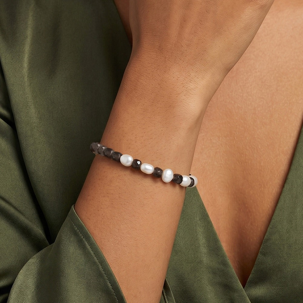Kemston Silver Sheen Obsidian & Freshwater Pearl Beaded Bracelet for Women 925 Sterling Silver MPB26