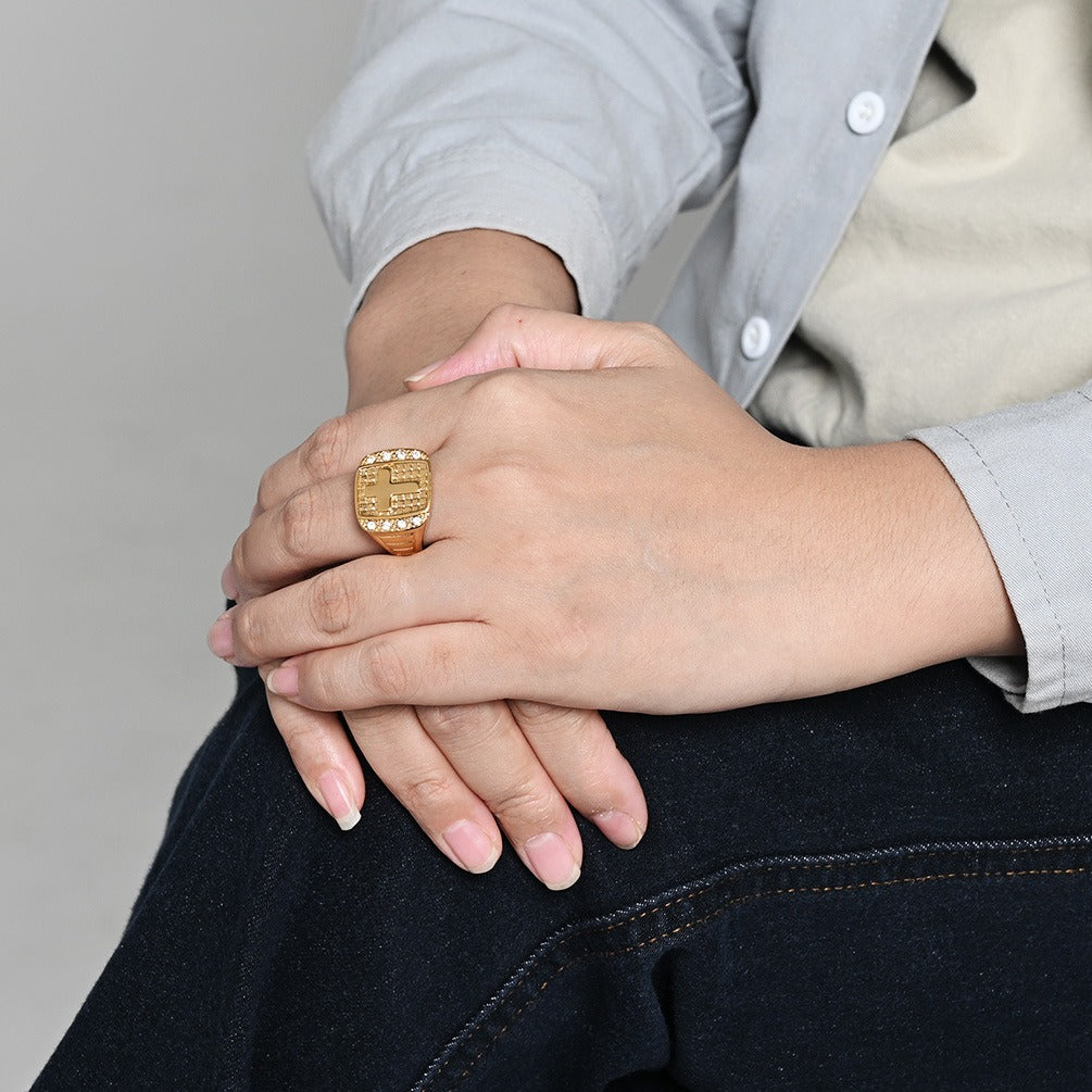 Kemstone Men’s Stainless Steel Cross Ring – CZ Inlaid Signet Jewelry K-R1078