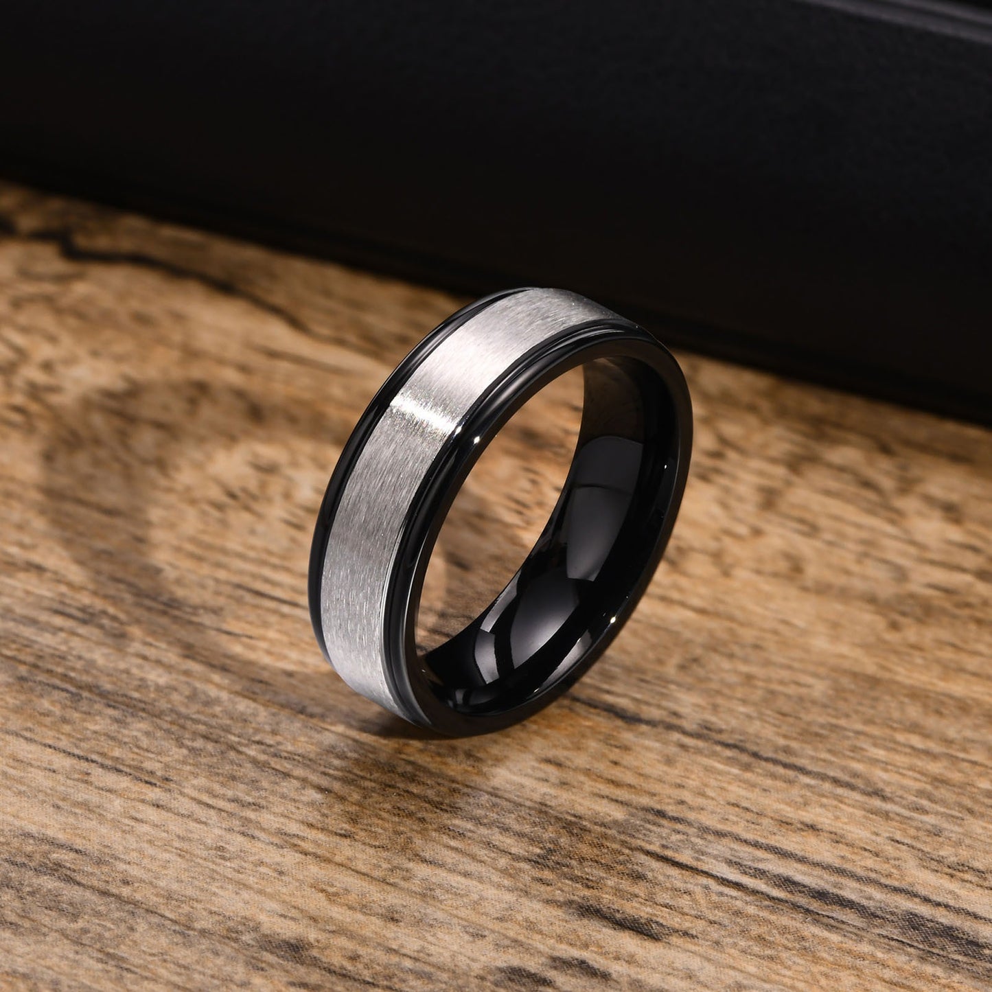 Kemstone Brushed Groove Stainless Steel Ring for Men – Black Inlay R-660