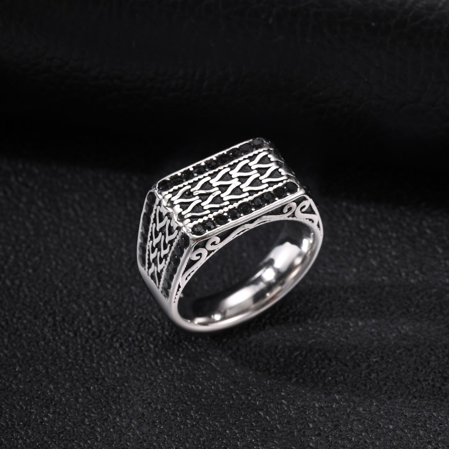 Kemston Stainless Steel Woven Chain Signet Ring for Men Black Cubic Zirconia Inlay Vintage RC-1134